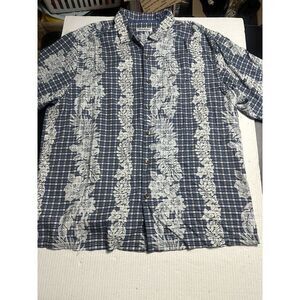 Tommy Bahama Silk Shirt Hawaiian style Sz XL Leaf Print Blue/white Button‎ Front